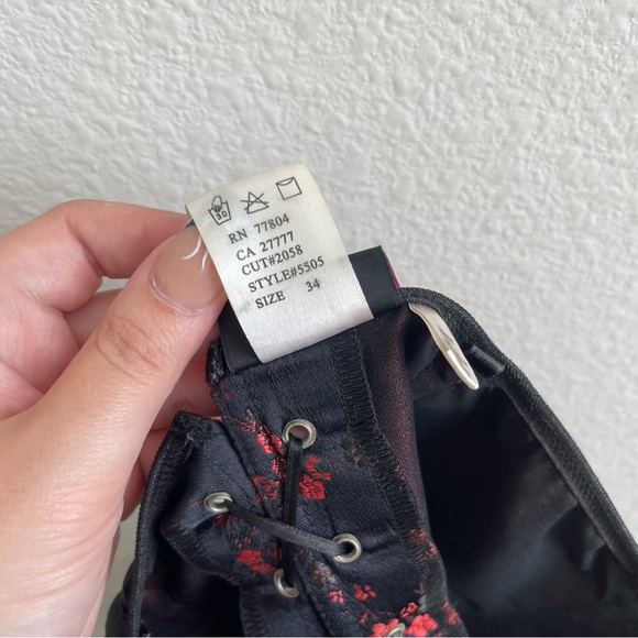 DREAMGIRL Vintage 90s Black Red Floral Satin Vampire Stapless Lace Up Corset Top - Picture 9 of 9